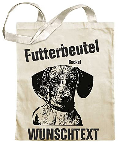 Kiwistar Futterbeutel - Dackel - Einkaufsbeutel Wunschtext mit Motiv Hund - Jutebeutel bedruckt - Tragetasche Stoffbeutel Umhängetasche Langer Henkel - Beutel zum shoppen - einkaufen