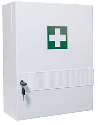 Erste Hilfe Verbandschrank (leer), Kunststoff Medizinschrank mit 10 Fächern (4 herausnehmbar), Sicherheitsschloss – 45 x 34,5 x 16 cm - Robust & Kompakt - zum Aufhängen inkl. Schrauben & Dübel, Weiß
