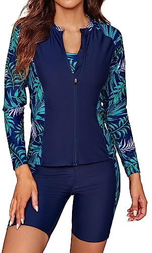 SHEKINI Damen 3 Teiliger Tankini Sets Langarm Rash Guard Reißverschluss Schwimmshirt Surfshirt Weste Bikinioberteil Badeanzug Badeshorts Sicherheits Sporty Radlerhose Schwimmanzug