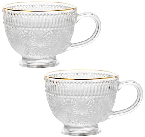 Bafnsiji 2 Pack Glass Cereal Bowl Soup with Handle, Vintage Coffee Mugs, Clear Oatmeal Bowl, Clear Embossed Glass Drinking Tea and Coffee Cups, Milk Breakfast Bowls, 400ml