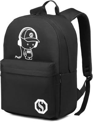 KONO Schwarzer Rucksack mit fluoreszierendem Druck, wasserdichter Schulrucksack für Teenager, Unisex Rucksack für Jungen und Mädchen, Arbeitstasche mit 15.4 Zoll Laptopfach