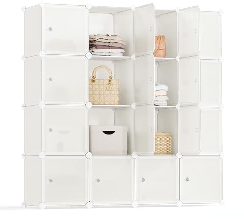 SONGMICS Estantería Modular, Armario Modular de 16 Cubos, Estantería de Plástico con Puertas, para Zapatillas, Ropa, Libros, Fácil de Montar, Blanco Crema LPC443W01