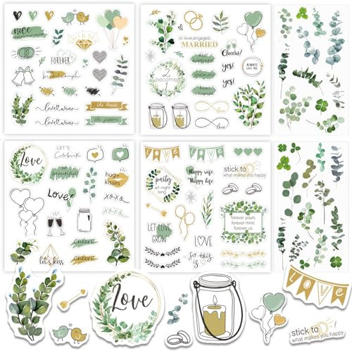 Sticker Hochzeit Gästebuch - Vintage Aufkleber Hochzeit Aufkleber Personalisiert für Gästebuch und Fotoalbum mit Viel Liebe - Eukalyptus Hochzeitssticker für Scrapbook - Wedding Deko - Goldgrün