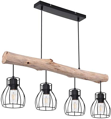 LED Hängelampe Holzbalken Pendelleuchte 4 flammig Esstischlampe Käfig Design, Metall schwarz, 4x 7W 4x 806lm warmweiß, LxH 82,5 x 140 cm