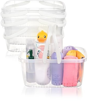 Cetomo Cesta de Ducha de Plástico con Asa Plegable, Caja Portátil con Orificios de Drenaje en la Base para Baño, Cocina, Residencia Estudiantil, Gel de Ducha, Champú, Transparente (Paquete de 4)