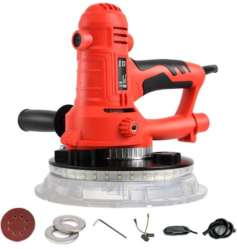 Trockenbauschleifer mit Absaugung, 710W Elektroschleifmaschine für Wände, Schleifteller-Ø 180mm, 2 LED-Lichtleisten,6 Geschwindigkeiten, Staubsammelsystem für Turbinen (6*Schleifpapier)