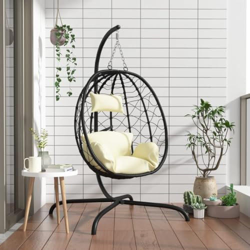 Willood Hängesessel mit Gestell Ei-Design Schaukel Indoor oder Outdoor Sessel mit Kissen + Rückenkissen Ei mit Kissen Cremeweiß Poly Rattan & Stahl