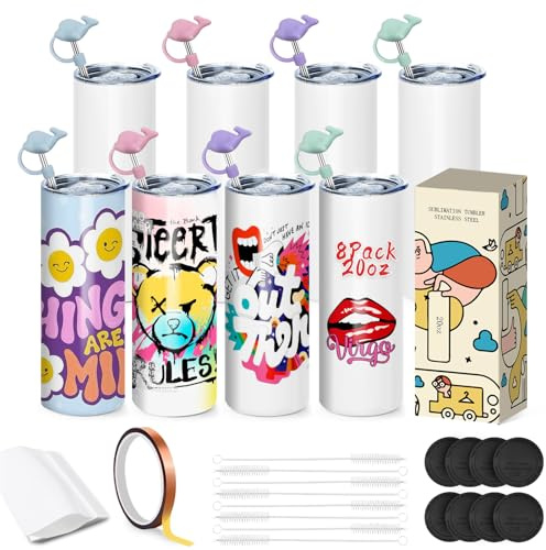 Goanueei Lot de 8 gobelets de sublimation vierges minces et droits en vrac pour transfert de chaleur avec paille et couvercle, film rétractable, film enveloppant, ruban adhésif, 591 ml