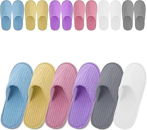 TESIN 12 Paar Hotelslipper Bunt Hausschuhe Set für Gäste, Einweg Universalgröße Waschbar Antirutsch Korallenvlies Hotel Badeslipper Für Party Gast Pantoffel (6 Farben)