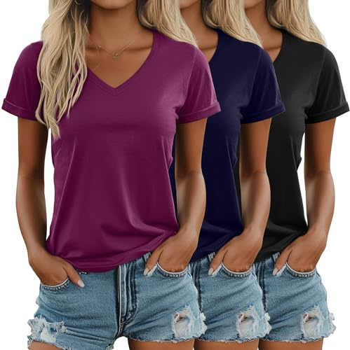 Ficerd - Confezione da 3 Magliette da Donna con Scollo a V, Top Estivi a Maniche Corte, vestibilità Ampia, Maniche Arrotolate(Nero, Blu Navy, Fucsia,XXL)