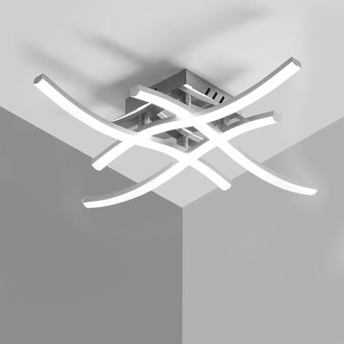 Goeco Plafonnier LED, 24 W Lustre LED Moderne avec 4 Platines 6500K Blanc Froid Lampe de Plafond Moderne Semi-Flash pour Chambre à Coucher Salon Cuisine, Argent 46 cm