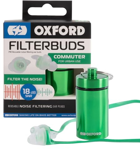 Oxford FilterBuds Motorbike Earplugs for Noise Reduction Reusable Hearing Protection Wind Blocking Advanced Filters TPE Neck Cord Storage Canister Ideal for Motorcycle Commute Touring Racing (Green)