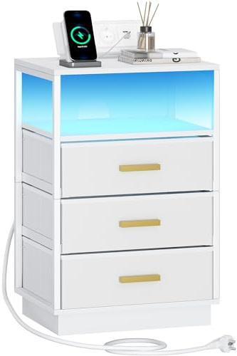 Hzuaneri Table de Chevet, Table de Nuit avec Multiprise, 2 Prises CA, 2 Ports USB avec Bande LED, Tables d'Appoint avec 3 Tiroirs en Tissu et Compartiment Ouvert, pour Chambre, Blanc NS53303W