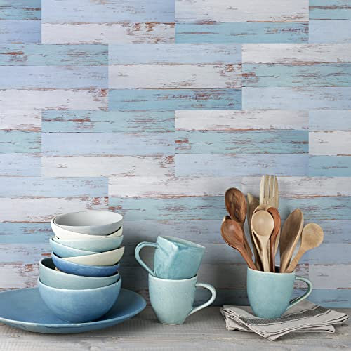 Neukids 24pcs Blue and Turquoise Wood Grain Tile Stickers, Self-Adhesive Tile Sticker Green Sticky Back Backsplash, Tile Decals for Kitchen Bathroom Living Room Toilet Laundry RV, 30cmX15cm