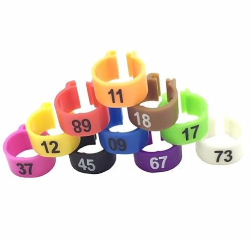 100 Stück/Ringe, 8 mm, Taubenringe aus Kunststoff, 001 – 100 Ringe für Vogelbeine, Tauben aus Kunststoff, nummeriert mit Nummer 001-100, verschiedene Farben