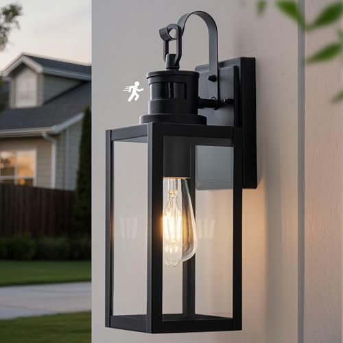FTL Motion Sensor Wall Lights Outdoor - Dusk to Dawn Outdoor Lighting, E27 PIR Security Porch Sensor Lights, 3 Lighting Modes Outside Wall Lantern for Garden Doorway, Matte Black, IP44 Waterproof