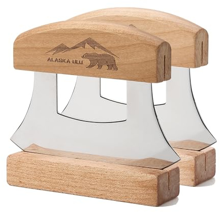 WIUCYS Alaskan Ulu Knives Pizza Cutter Chopper Slicer for Salad Vegetables Meat Chopping Mincing with Wooden Stand Arthritic Tool 5x4in (2)