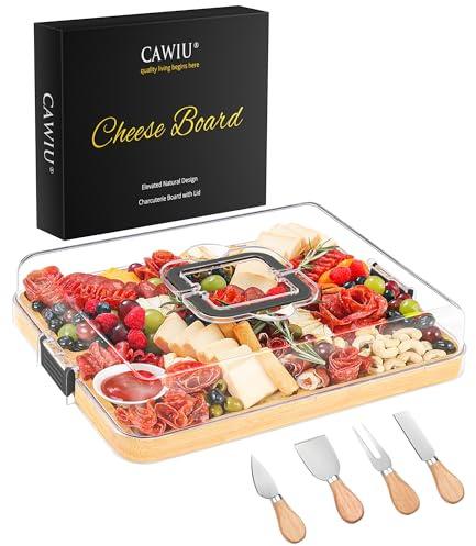 CAWIU Portable Travel Charcuterie Board with Lid and Handle - Large Bamboo Cheese Board with 4 Cheese Knife Set for Outdoor, Picnics - Weddings, House Warming Gift for Women (6 Compartments, Black)
