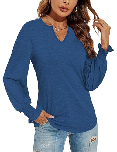 DUOEASE Magliette Donna Manica Lunga Leggero Scollo a V Camicia Maniche a Sbuffo Elegante Casual Top Sexy