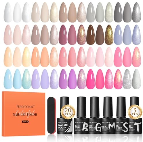 PEACECOLOR 25 Stück UV Nagellack Set, 20 Farben Nude Rosa Braun Glitzer Gel Nagellack UV für Nagel Design, Base und Top Coat mit Nagelfeilen für Nagelstudio DIY Home, 7ML