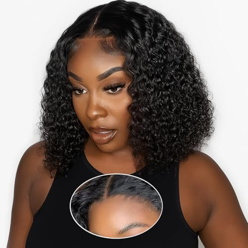 Äkta hår peruk damer äkta hår Deep Curly Bob Human Hair Wig Glueless Wear and Go 5 x 5 Lace Wig No Glue Pre Plucked För-Cut HD transparent Lace Closure Wig 150 % Density Natural Color 30 cm (12 tum)