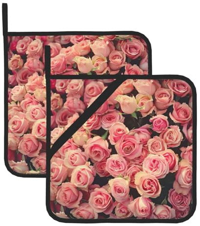 Set di 2 presine da cucina con stampa ravvicinata di rosa, presina per manici, sottopentola, per cucinare e cuocere