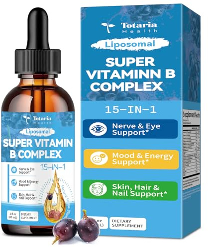 15-in-1 Liposomal Vitamin B Complex Pro, Sugar-free B Complex Drops with B1, B2, B3 Niacinamide, Choline, B5, B6, B7 Biotin, Inositol, Folate, B12, Zinc, Lutein, Zeaxanthin, Taurine & Vit. C, 2 fl oz