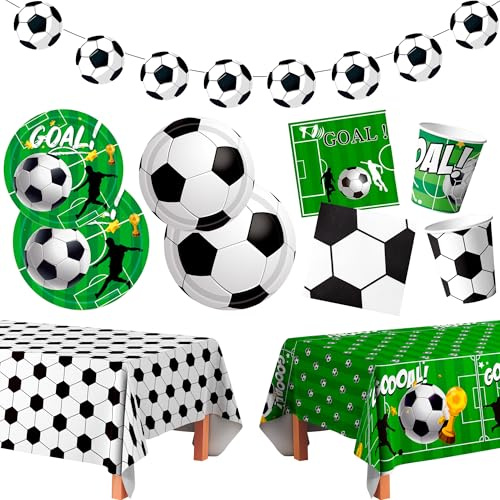 Serves 24 Football Party Tableware, Football Birthday Tableware Set - Coccer Plates Table Cloth Football Decoration Banner etc Football Theme Party Tableware for Football Birthday Party Decorations