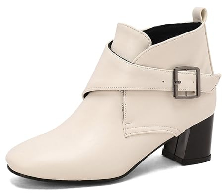 Bviennic Botines Mujer Tacón Ancho Medio Comodo Punta Quadrada Hebilla Slouch 2651 Blanco Talla 35 EU