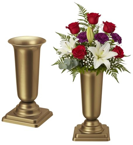 matches21 HOME & HOBBY Wetterfeste Grabvasen mit Sockel 40 cm Gold - 2 Friedhofsvasen zum Hinstellen als Grabschmuck