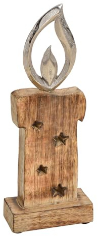 levandeo Weihnachtsdeko Kerze Mangoholz H27cm Deko Aufsteller Holz Braun Metall Silber Weihnachten Tischdeko