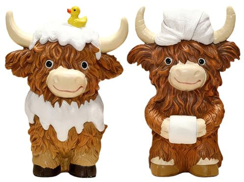 QIANSSE 2PCS Highland Cow Ornaments,Resin Statue Set