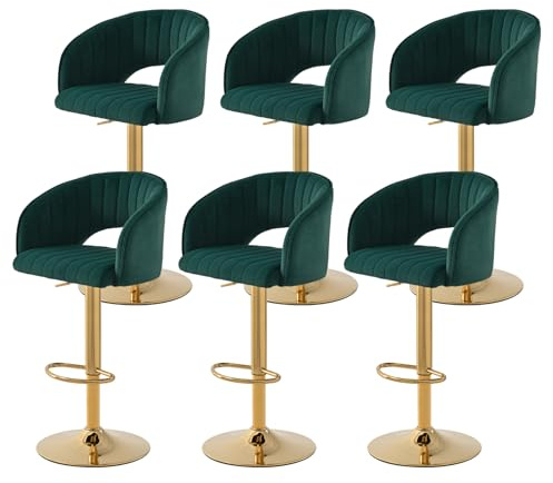 SUPPNEED Samt Barhocker 6er Set, Bar Stühle Höhenverstellbar mit Lehne & Armlehnen, 360° Drehbar Küchenhocker, Thekenhocker, Friseurstuhl, Gold Fußstütze, für Esszimmer Kücheninsel(Smaragd,6)