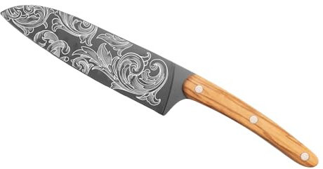 deejo - Sankai Messer Vollerl - Genieteter Olivenholzgriff, florales Motiv - Klinge aus Edelstahl X50CRMOV15, Titan-Finish Anthrazitgrau