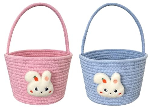Shyllin Cesta de Pascua Conejo con Asa, Decoracion Conejitos Pascua, Cesta Conejito Personalizada, Adorable Cesta de Pascua, Canasta con Conejito Pascua (Pink Bule)