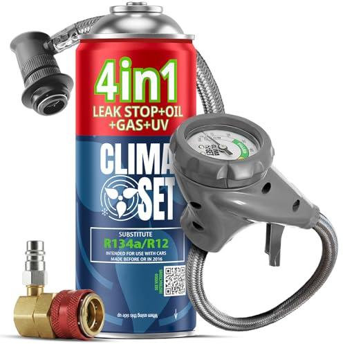 CLIMASET - Kit de Recarga de Aire Acondicionado para Coche - Kit 4 en 1 para refrigerante R134a + Manguera + Adaptador de Alta/Baja presión - para vehículos de 1994 a 2016, Moderna y fácil de Usar