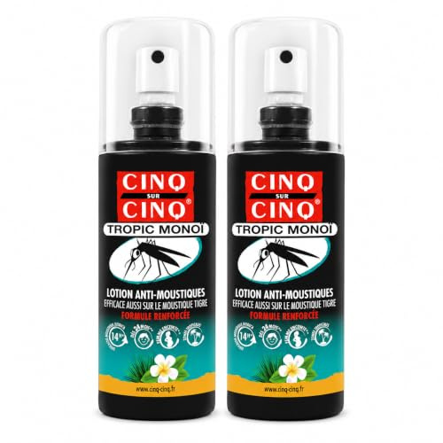 CINQ SUR CINQ Tropic Monoï Lotion Anti-Moustiques - Lot de 2 x75 ml | Formule Renforcée, Efficace aussi sur le moustique tigre, Jusqu'à 14h d'efficacité, Dès 24 mois, Zones tropicales