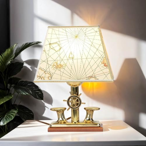 Licht-Erlebnisse Tischleuchte nautisch aus Echt-Messing massiv mit Schirm Landkarte Steuerrad H:33cm wertig E27 für Schlafzimmer Wohnzimmer Nachttischlampe Tischlampe