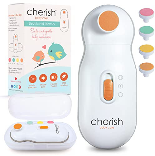 Cherish Baby Care Award-Winning Electric Baby Nail File - Automatic Safety Stop, Baby Nail File Electric with 4 Filing Pads from 0 to 12+ Months, Includes Travel Case
