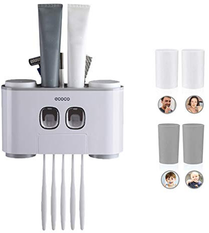 Yuning - Soporte para Cepillo de Dientes de Pared, con Doble dispensador automático de Pasta de Dientes, 5 Ranuras para Cepillo, 4 Tazas magnéticas, Accesorios de Sala sin Taladro, Gris