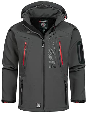 Geographical Norway Techno vattentät softshelljacka för män med dragkedja, kappa med huva för utomhusbruk, för vinter, taktisk, vindtät, idealiska utomhusaktiviteter, lätt, andas, termisk, Mörkgrå/röd, XXL
