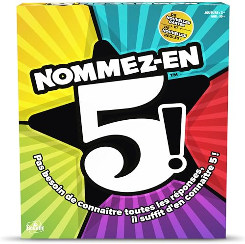 Goliath - NOMMEZ-EN-5! - Jeu de Société Délirant dès 12 Ans - Jeu de Rapidité : A Vous De Trouver Vite 5 Réponses Seul ou en Equipe - A Jouer En Famille ou Entre Amis - A Partir de 2 Joueurs