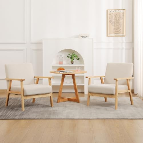 Mingone 2er Set Sessel Cocktailsessel mit Armlehnen&Holzrahmen Beige | Gepolsterter Skandinavischer Stil Loungesessel | Modern 1 Sitzer Sofa | Massivholz für Wohnzimmer Schlafzimmer bis 120kg
