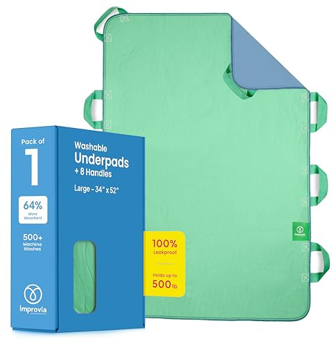Improvia Positioning Bed Pad, with 8 Reinforced Handles, Quick-Drying, Washable, Waterproof, for Lifting, Turning, Transfering, Elderly and Incontinence Patients (Green, 34 x 52 - Pack of 1)