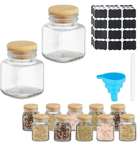Relaxdays Gewürzgläser 12er Set, Gewürzdosen, 100 ml, mit Etiketten, Stift & Trichter, Glas & Bambus, transparent/Natur