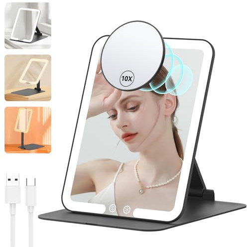 Anfauny Miroir de maquillage de voyage éclairé avec grossissement magnétique 10 fois, table à langer portable et pliable avec support réglable, rechargeable à 3 lumières de couleur pour ordinateur et