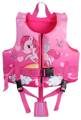 Jurmickey Toddler Swim Vest, Swim Vest for Kids Swimming Jacket with Adjustable Safety Strap, Learn to Swim Aid, Toddler Floaties for 2-6yrs/20-30-40-50 lbs Boys and Girls (Rose Unicorn/S)
