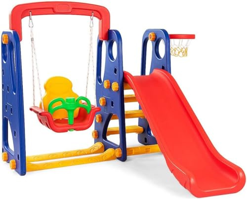 4 in 1 Slide and Swing Set for Toddlers, Kids Freestanding Climber Slide Playset for Boys Girls with Basketball Hoop, Extra Long Slide, Easy Set Up Baby Playset for Indoor Outdoor Backyard