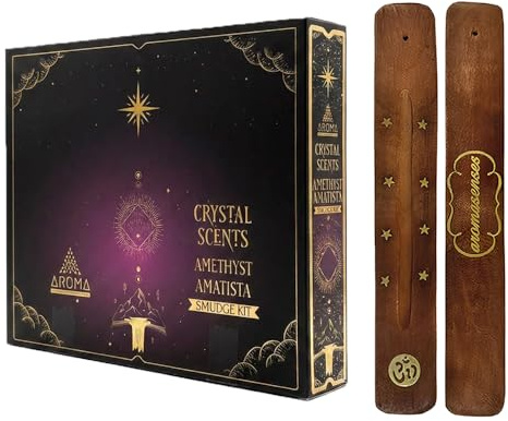 Aroma Senses | Aroma Crystal ametist rökelsestavar + 1 aromsense rökelsehållare | Esoteriska mineraler | Komplett låda med 12 lådor för rökelsestavar + 12 lådor med ametist