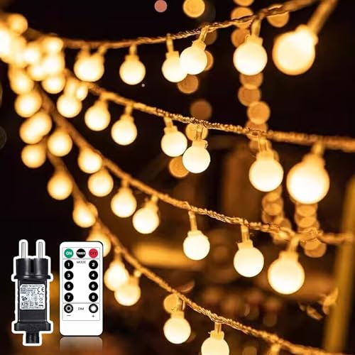 Liyade Catena di luci per esterni, 23 m, 200 LED a sfera esterna, 8 modalità e funzione Merk, catena luminosa interna con spina, ideale per Natale, matrimonio, festa (bianco caldo)